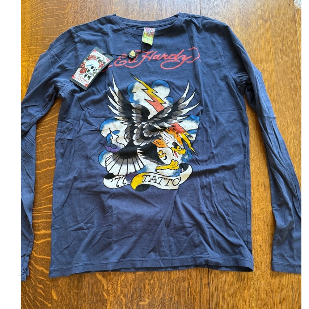 Ed Hardy x Christian Audigier Long Sleeve Tee Navy in Medium